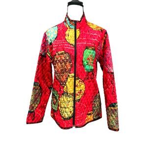 Vtg Chico's 100% Silk Quilted Chinese Lantern Jacket Zip-Up Red Art To Wear Sz 1